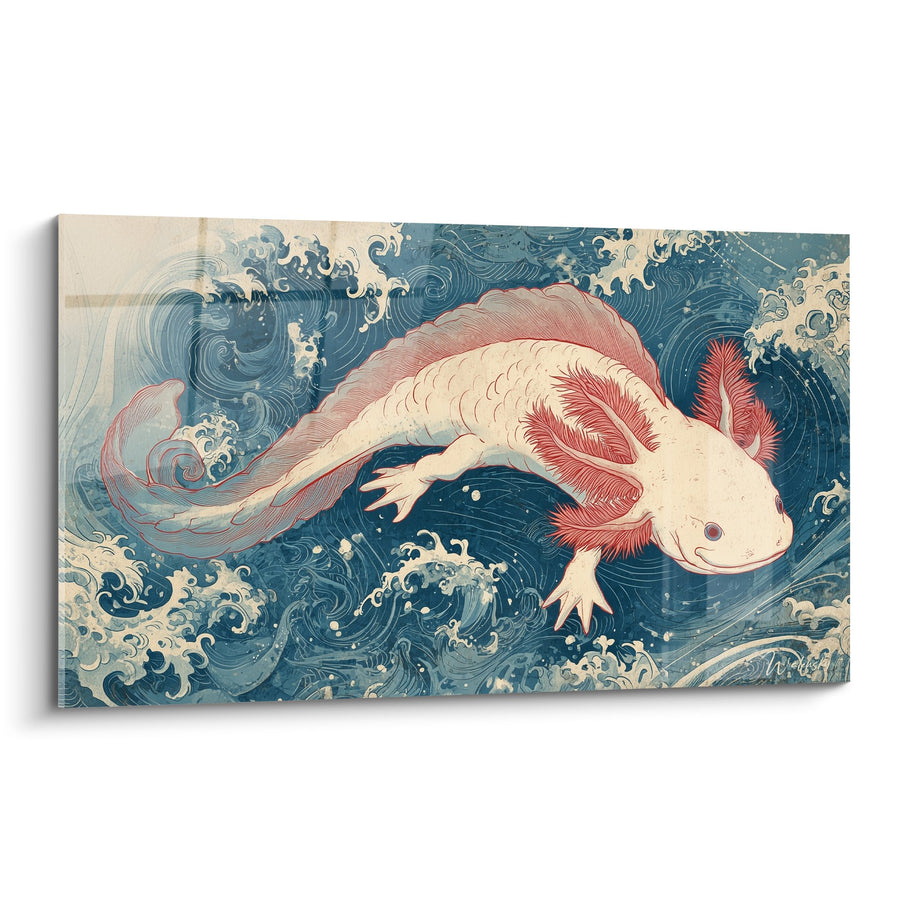 Rosa Axolotl Tableau in Japanischen Blauen Wellen - Aquatische Harmonie - Axolotl Edition