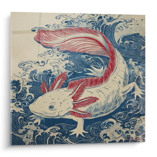 Schilderij Axolotl Rood en Wit op Blauwe, Wervelende Golven - Waterige Energie - Editie Axolotl