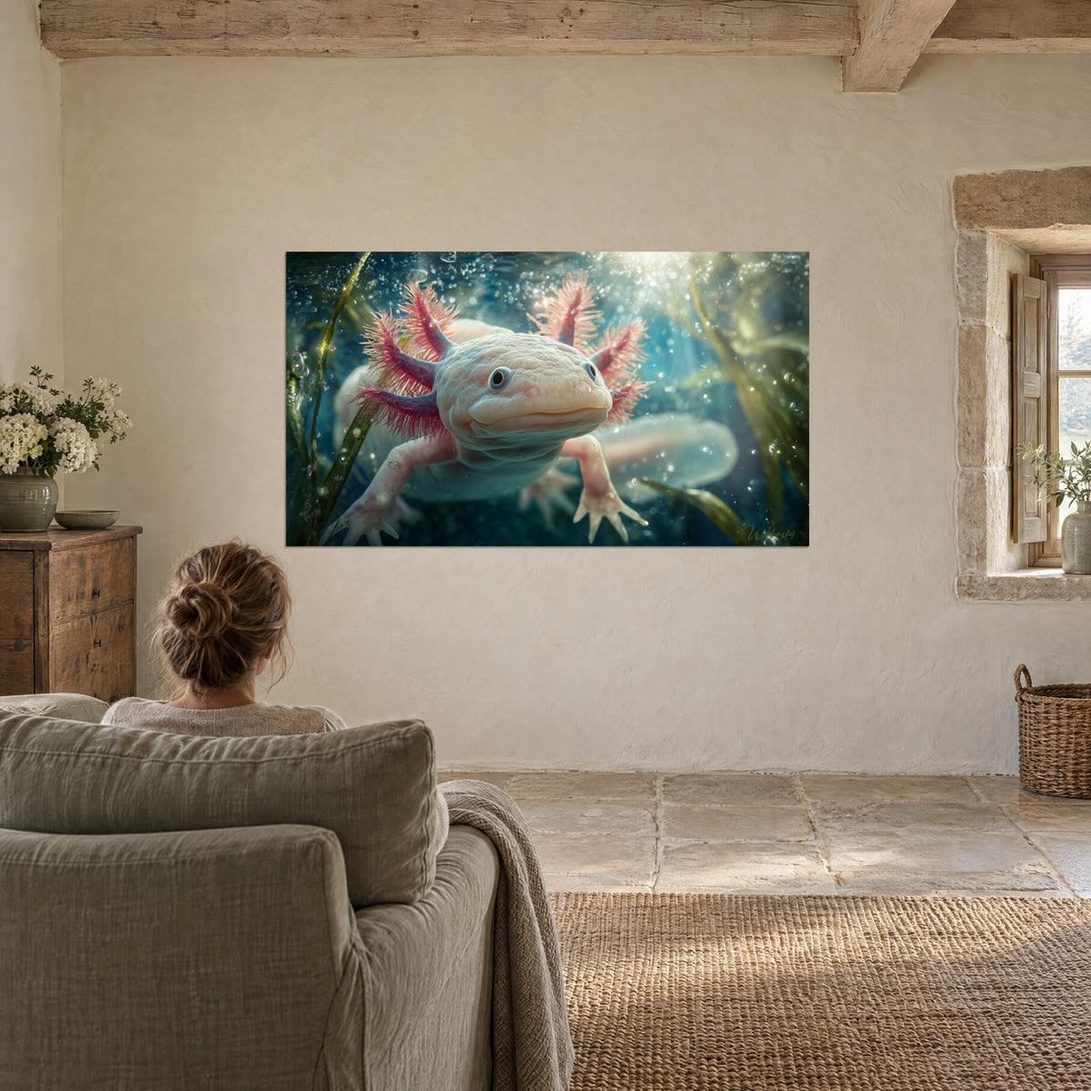 Wall art axolotl swimming towards us, pink legs spread wide, cyan water and golden sunbeams, in a country living room with stone walls