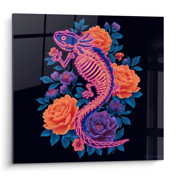 Skelet Axolotl Neon Roze en Bloemen Pioenrozen Oranje en Violet - Anatomie Florale - Editie Axolotl