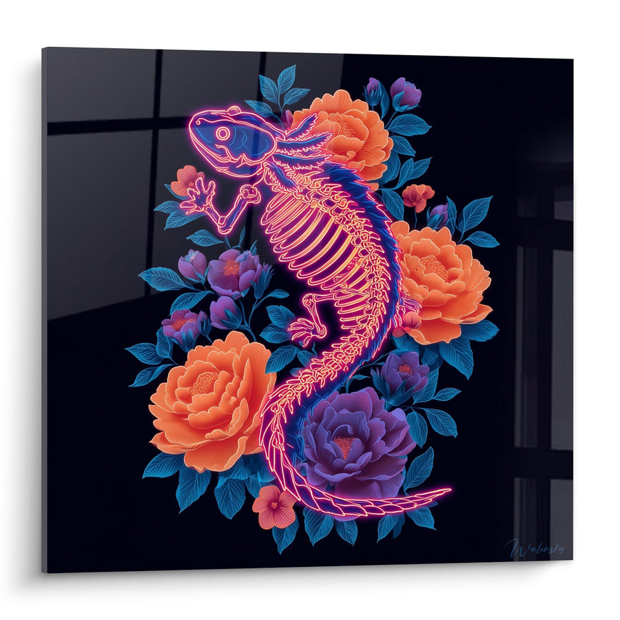 Gemälde Axolotl-Skelett Neonrosa und Pfingstrosen Orange und Violett - Florale Anatomie - Axolotl Edition