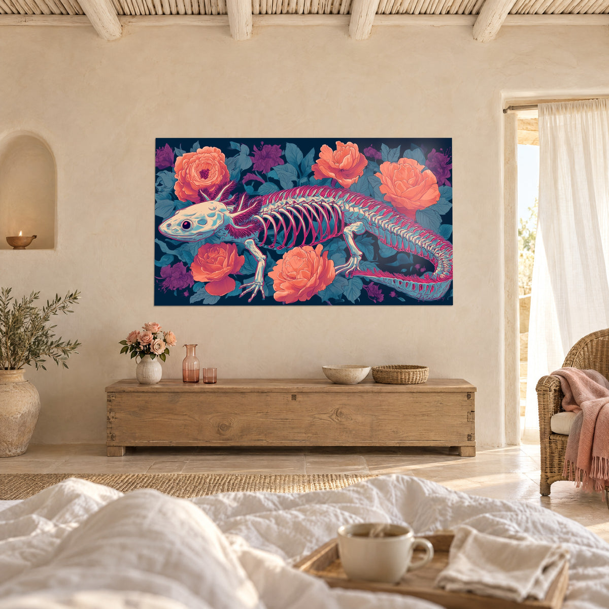 Quadro radiografia di axolotl con vertebre bluastre e costole fucsia, fiori corallo e malva, sopra un letto in una camera luminosa