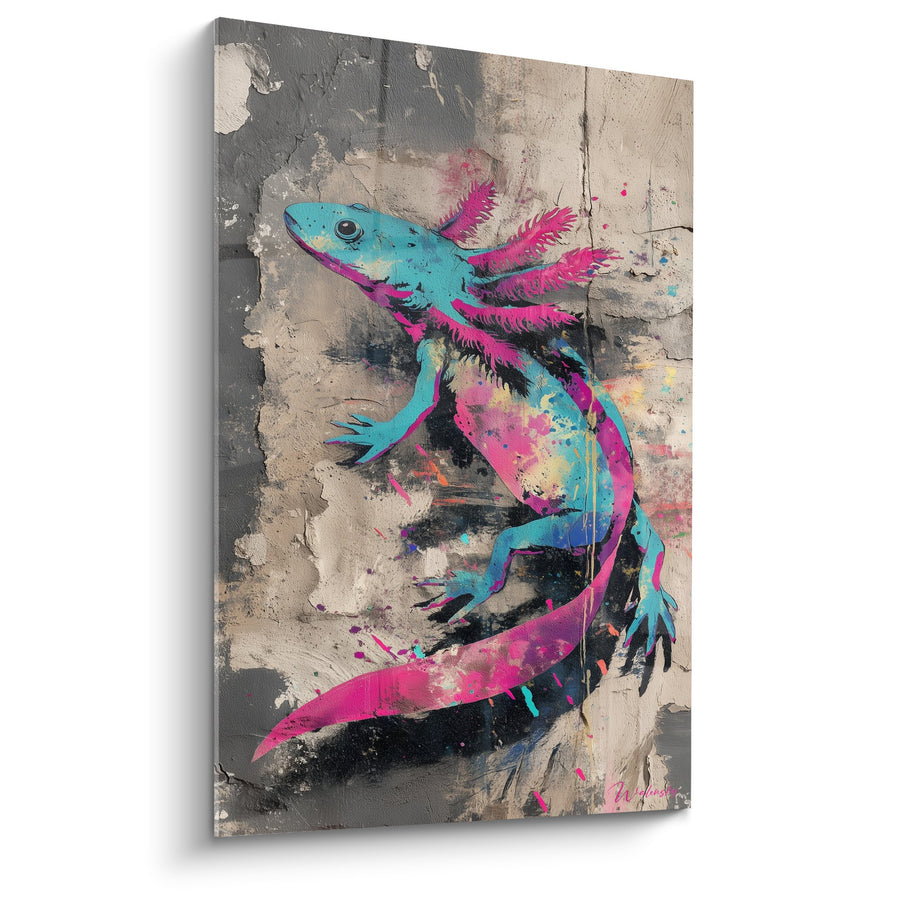 Axolotl Wandbild Türkis und Rosa auf urbanen Hintergrund - Fantastische Kreatur - Edition Axolotl
