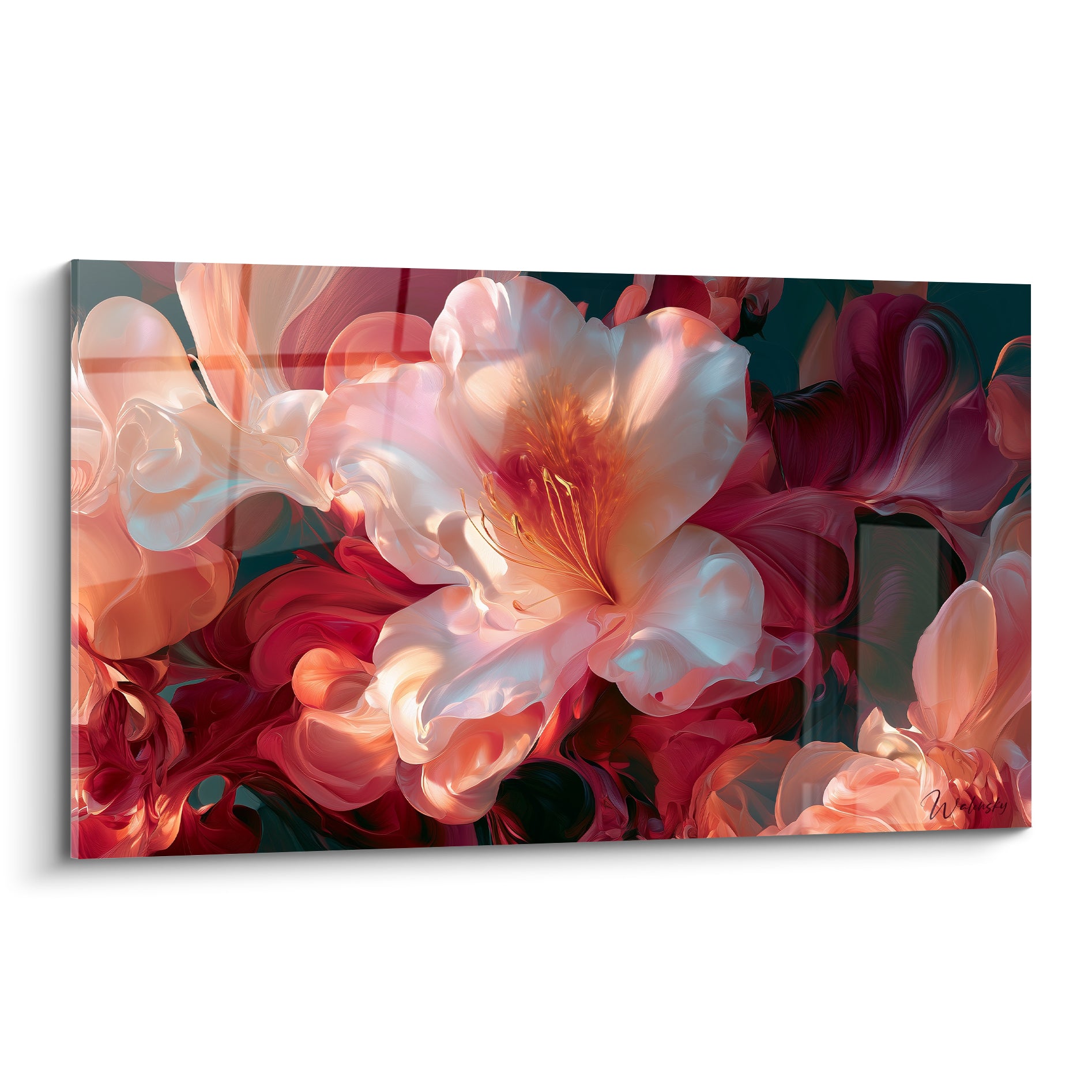 Azalée blanche aux pétales veloutés et cœur doré, entourée de volutes rouge bordeaux et rose corail