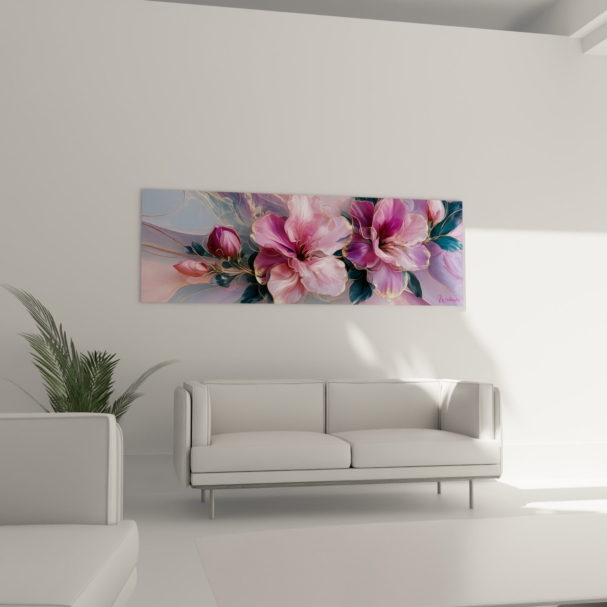 Bouquet d'azalée rose poudré et bleu pastel installé au-dessus d'un canapé dans un salon lumineux