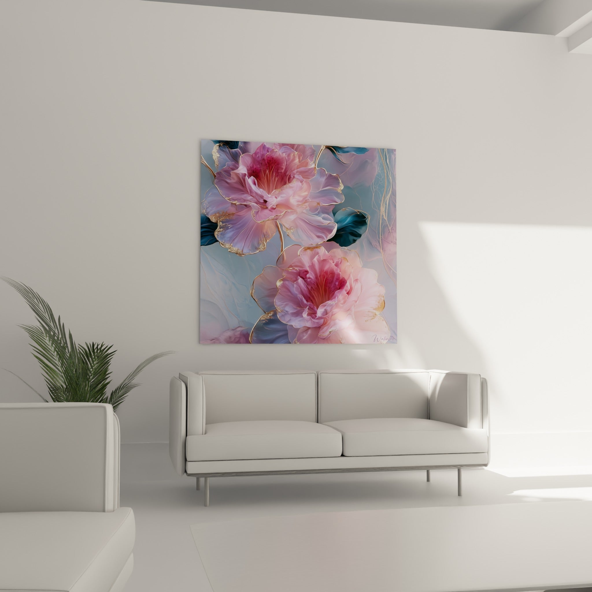 Fleurs d'azalée aux liserés dorés et tons bleu pastel au-dessus d'un canapé dans un salon lumineux
