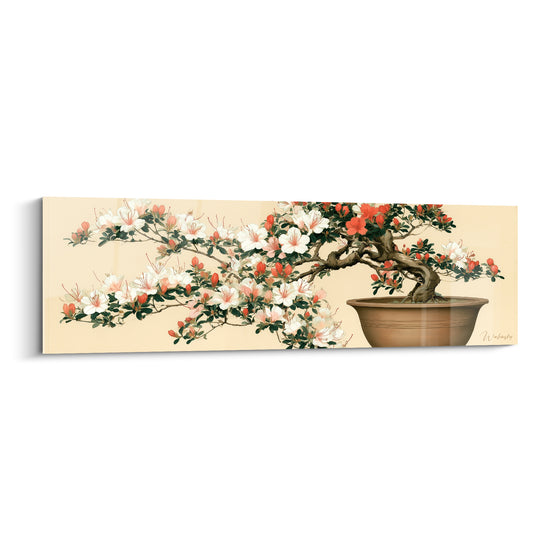 Azalée en fleurs blanches et corail sur pot terracotta, branches sinueuses peintes avec finesse