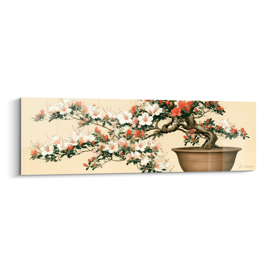 Tableau Bonsaï blanc et corail en pot évasé - Tronc noueux large - Edition Azalée