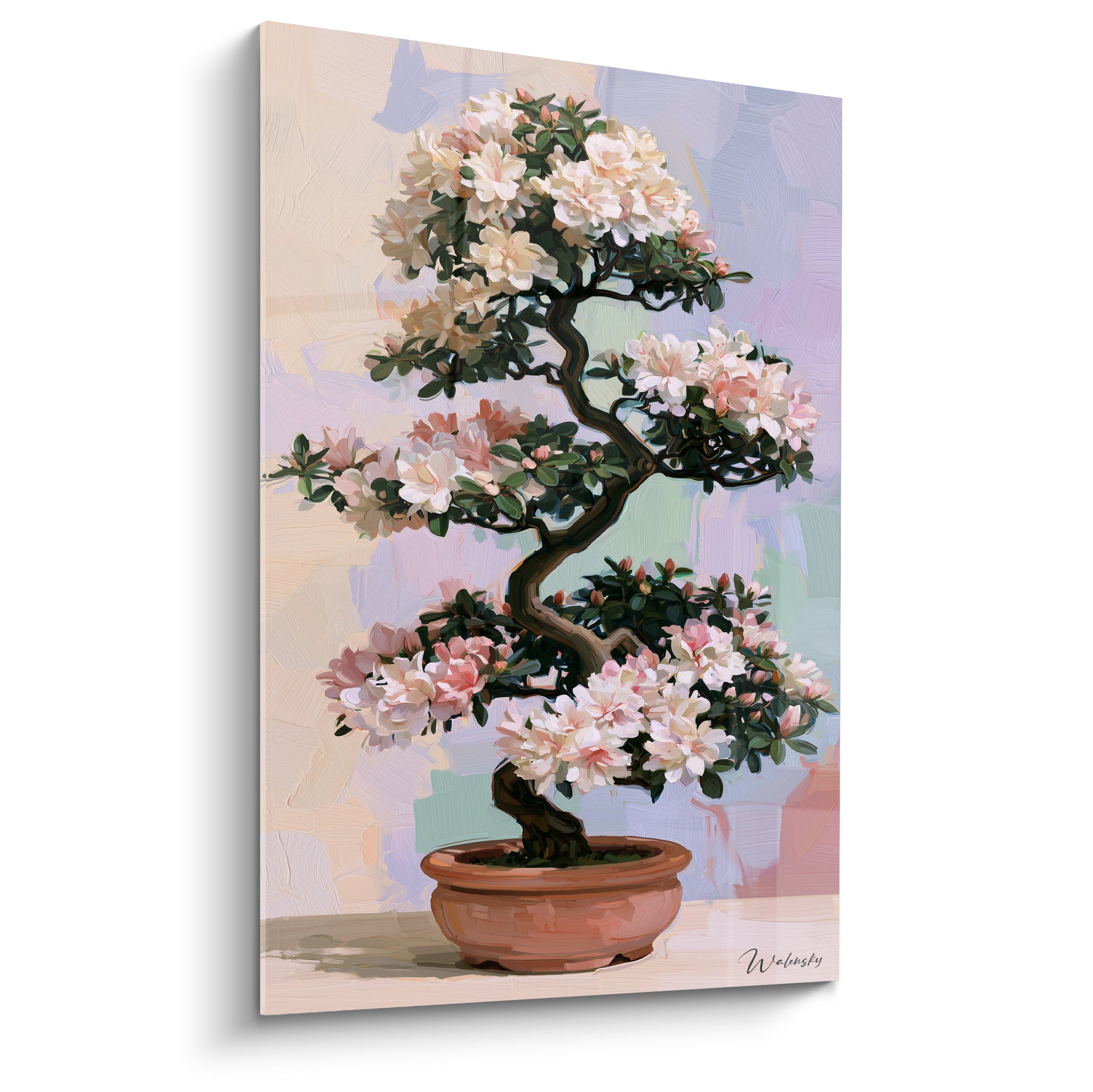 Bonsaï Azalée aux fleurs blanches et roses dans un pot terracotta, style pictural expressif