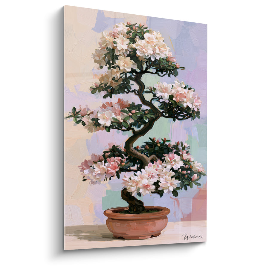 Tableau Bonsaï blanc et rose au tronc sinueux - Fond pastel abstrait - Edition Azalée