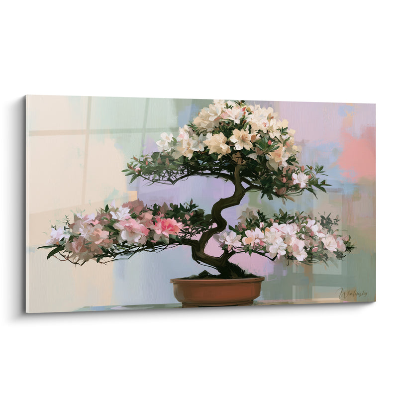 Tableau Bonsaï blanc et rose en pot terracotta - Tronc sinueux ramifié - Edition Azalée