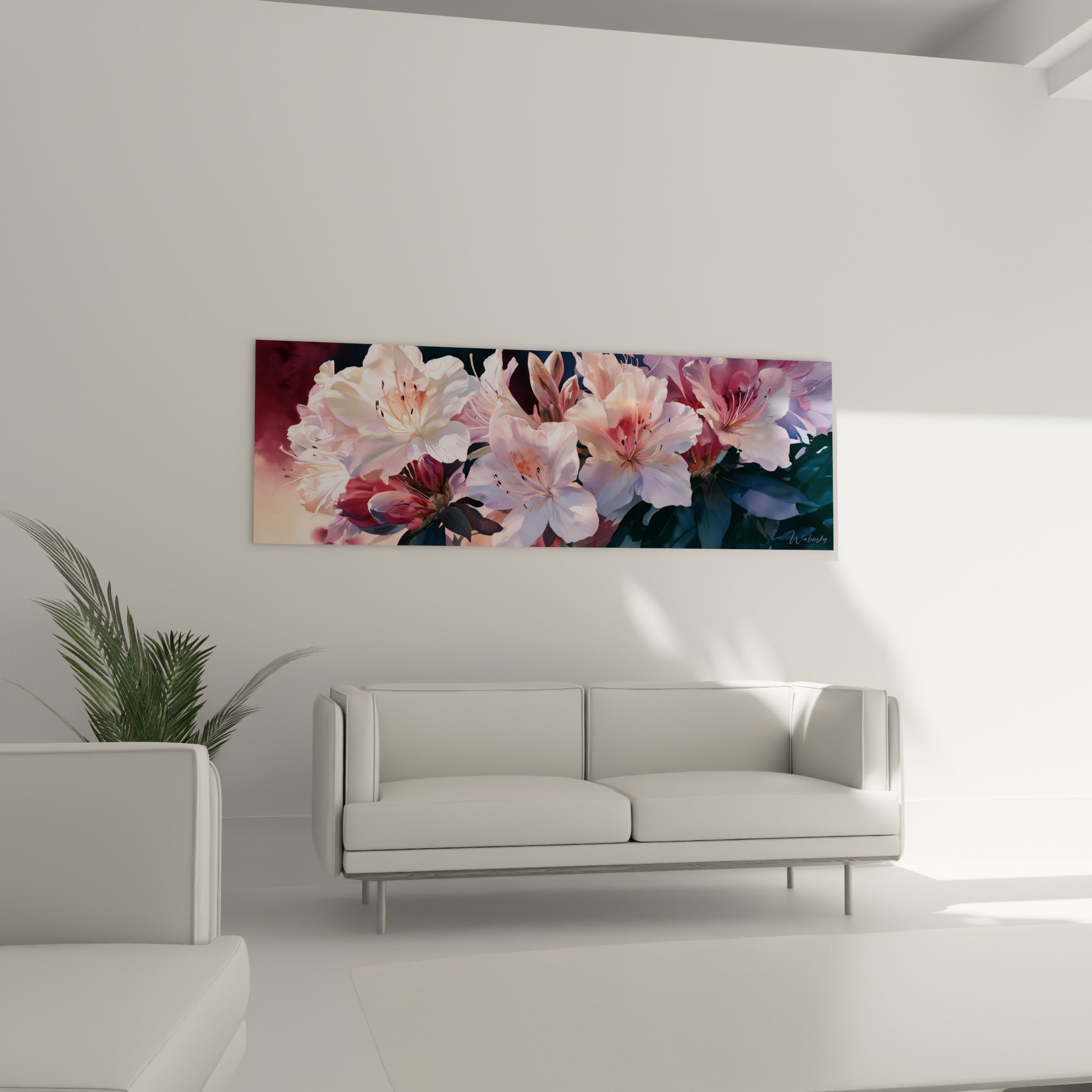Fleurs d'azalée roses et blanches en pleine floraison, au-dessus d'un canapé dans un salon lumineux