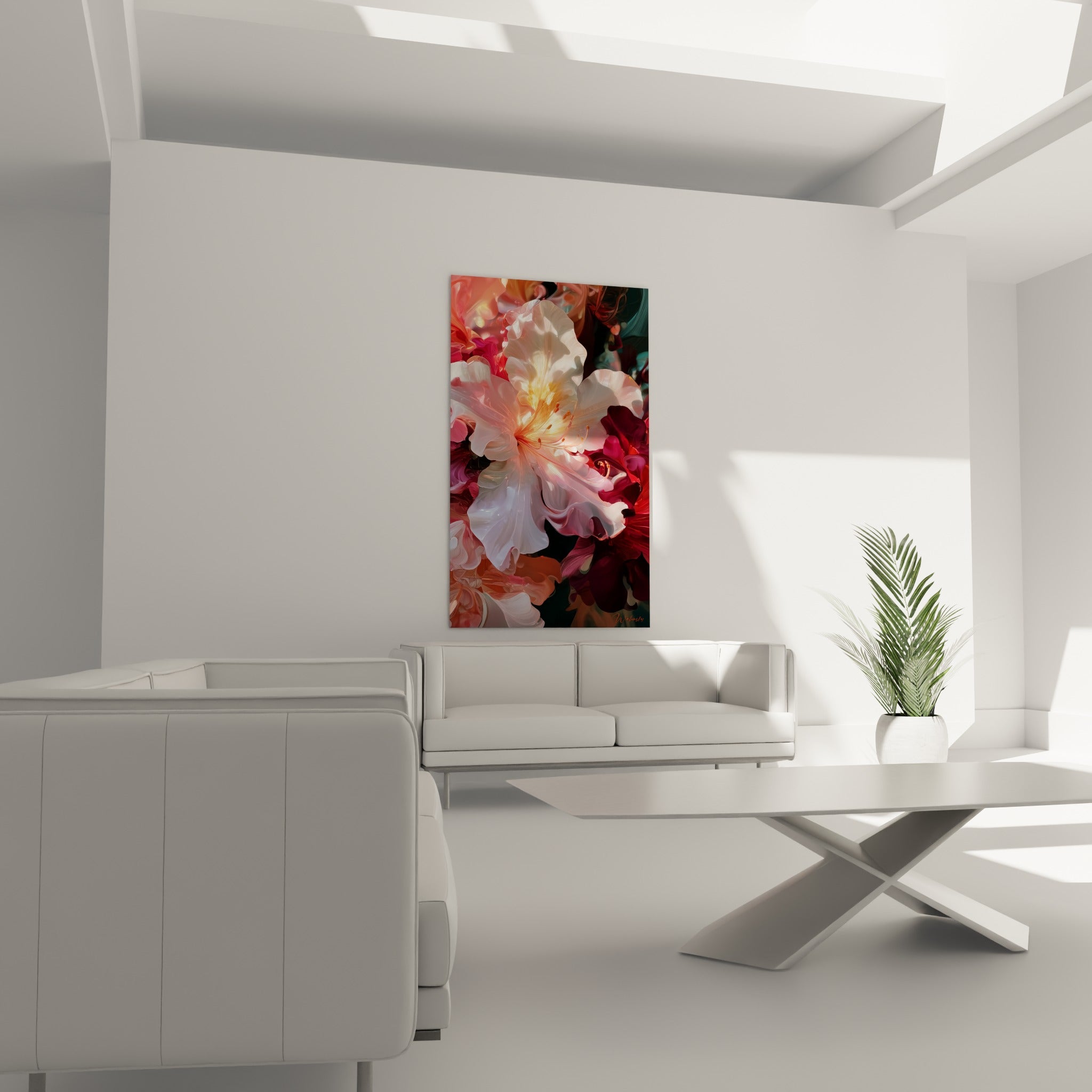 Fleur d'azalée dorée et bordeaux accrochée au-dessus d'un canapé dans un salon lumineux