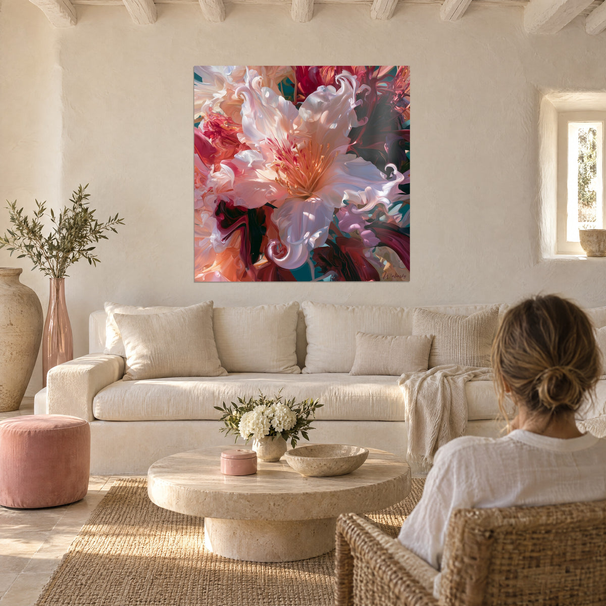 Tableau azalée blanche aux pétales soyeux, cœur orangé et rouge bordeaux, femme de dos au-dessus d'un canapé dans un salon lumineux