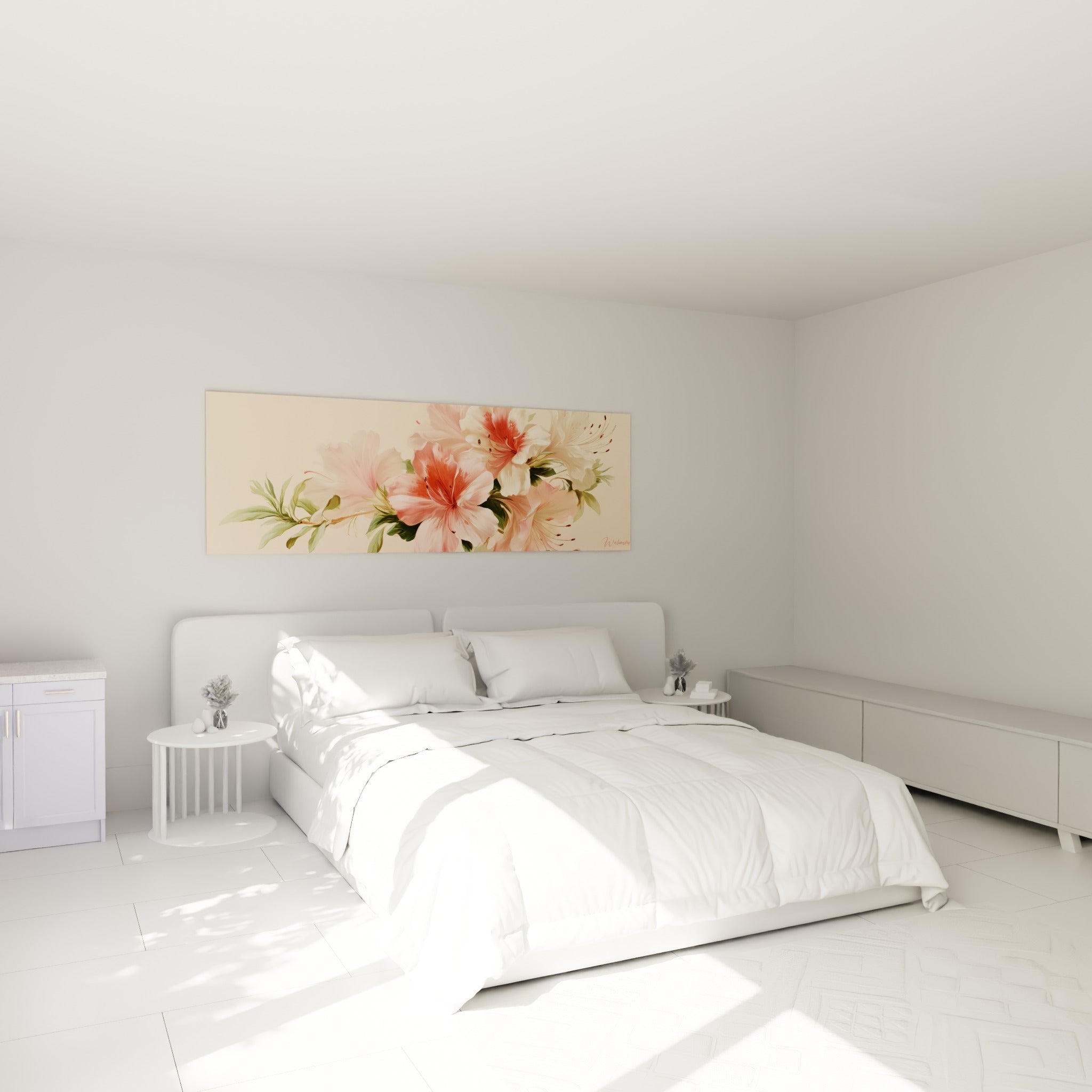 Bouquet d'azalées rose corail et blanc crème, accroché au-dessus d'un lit dans une chambre claire