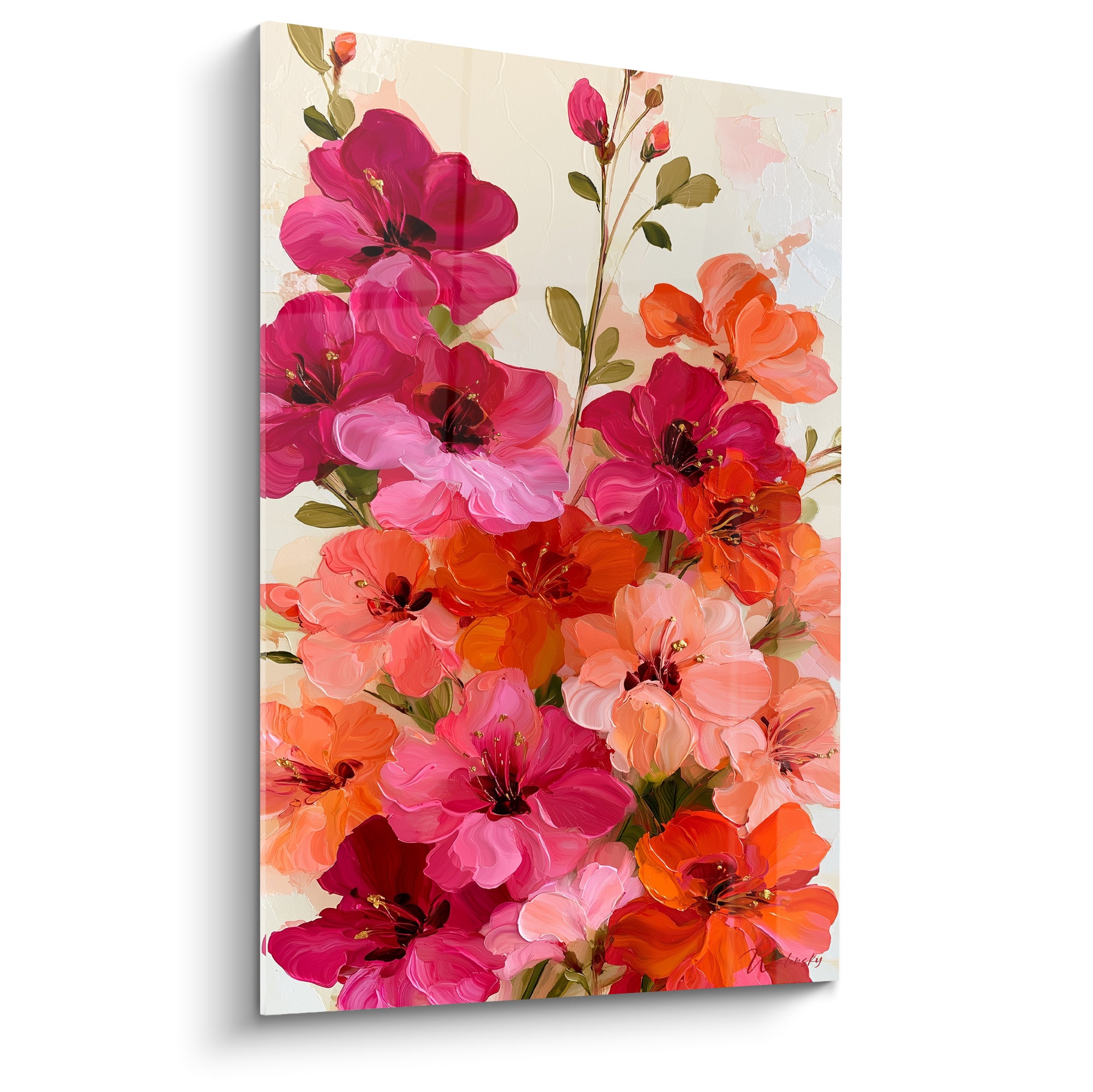 Bouquet d'azalées fuchsia et orange peint avec empâtements sur fond crème texturé
