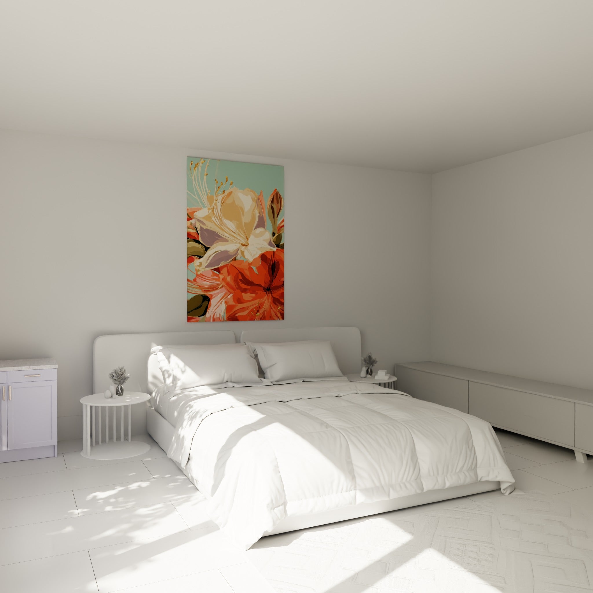 Bouquet d'azalée crème et corail illustré, accroché au-dessus d'un lit dans une chambre claire