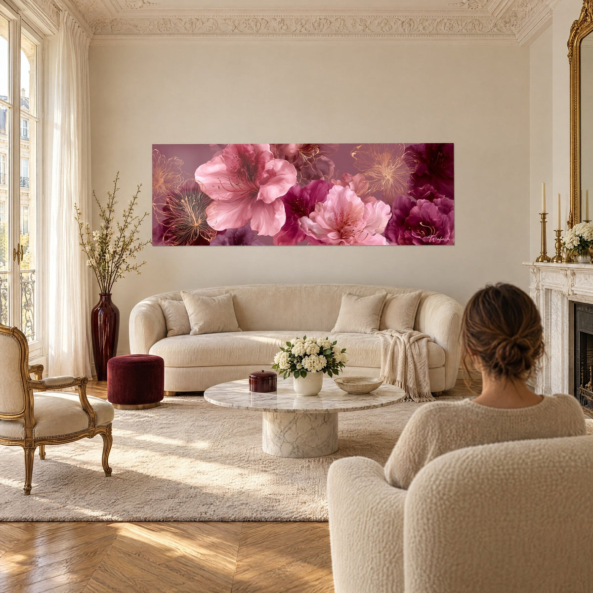 Tableau azalées roses aux étamines carminées sur fond mauve, accroché au-dessus d'un canapé dans un salon lumineux