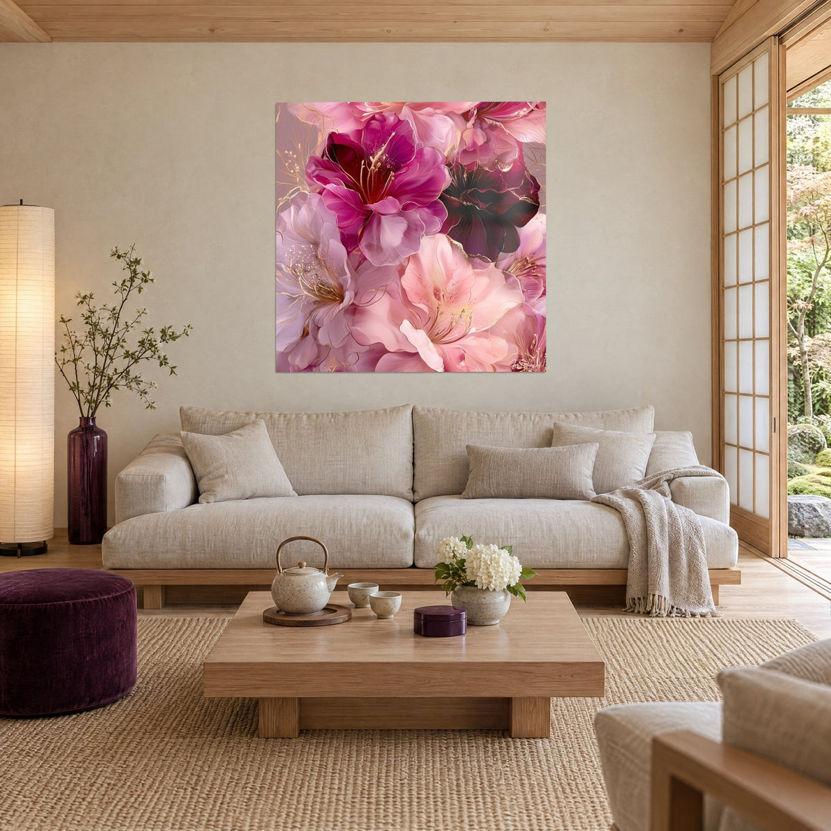 Tableau azalées magenta et rose aux nervures dorées, pétales satinés en bouquet serré, au-dessus d'un canapé dans un salon lumineux