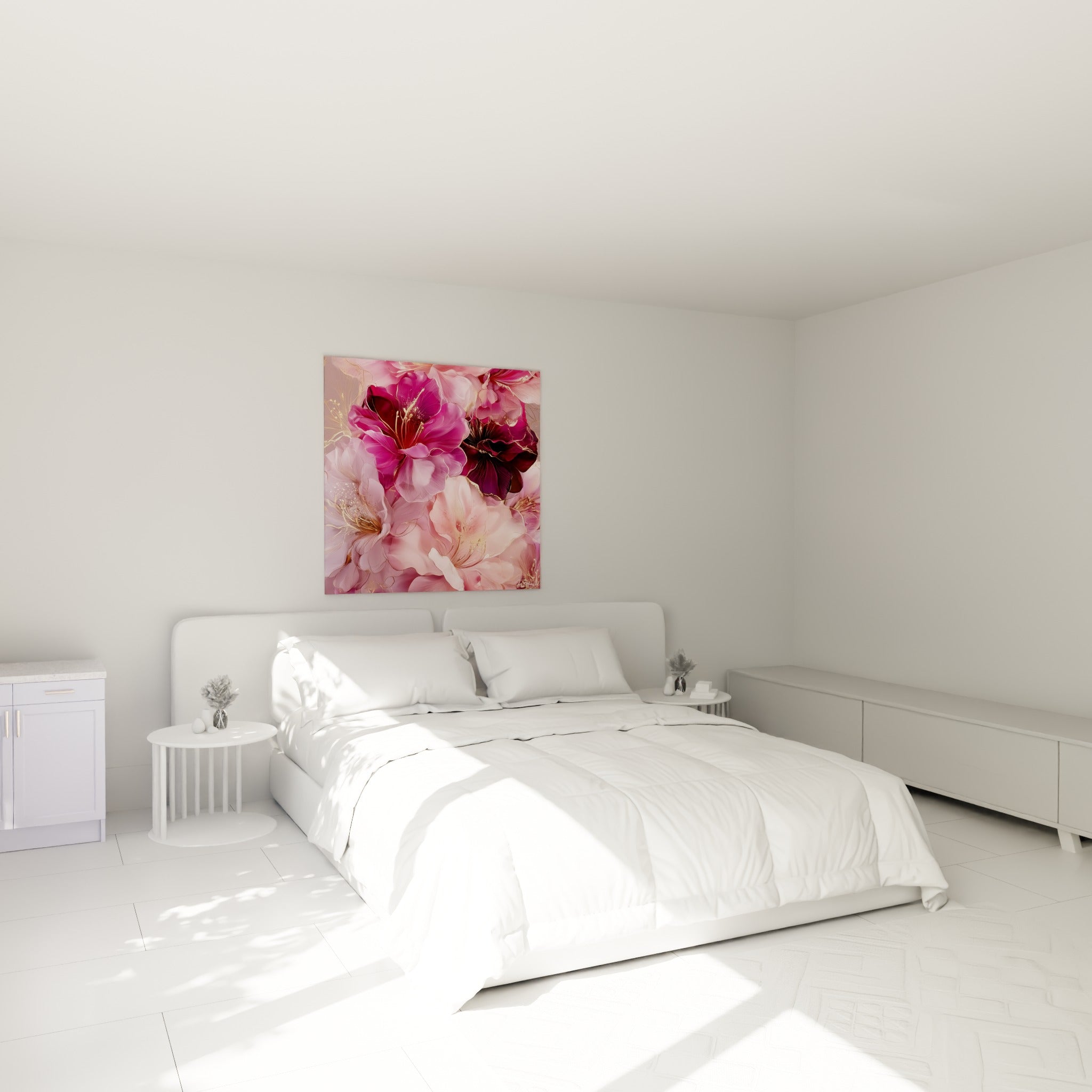 Azalées pourpres et roses aux nervures dorées accrochées au-dessus d'un lit dans une chambre claire