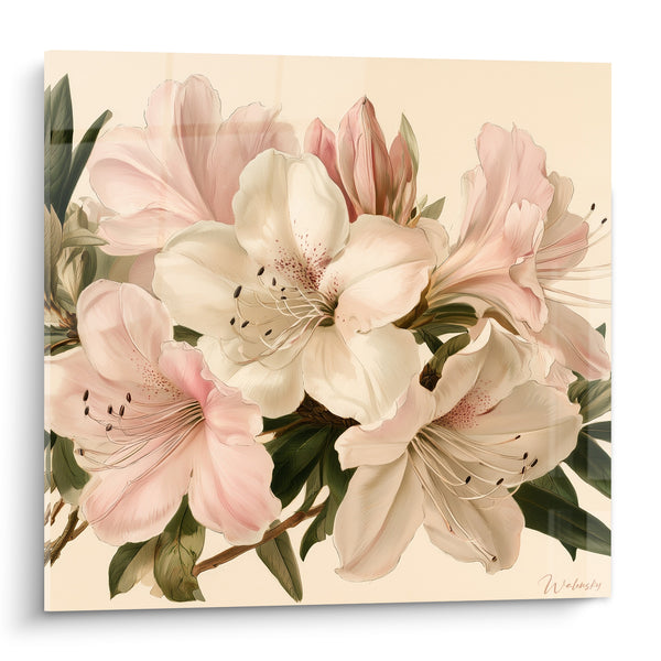 Cuadro Flores blancas y rosas con estambres marrones moteados - Ramo sobre fondo crema - Edición Azalea