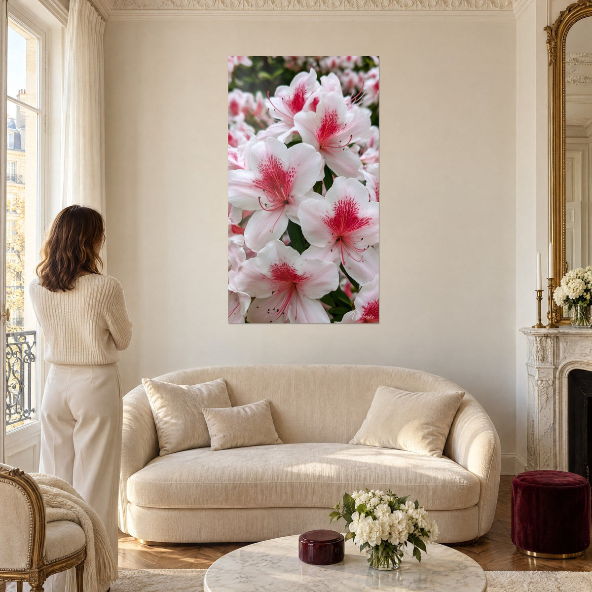 Tableau azalées blanches au cœur fuchsia moucheté, pétales ivoire et feuillage vert, au-dessus d'un canapé dans un salon lumineux
