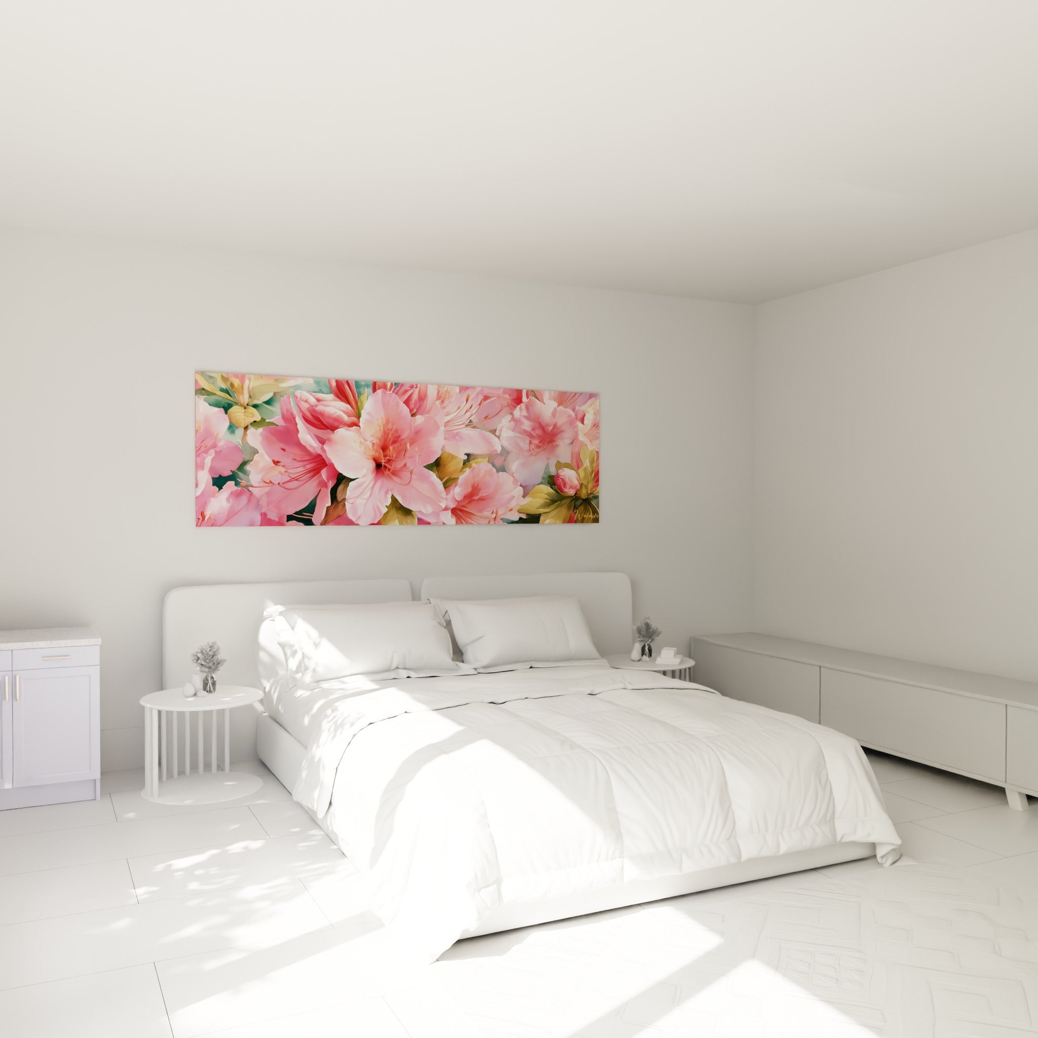Bouquet d'azalées roses et vertes déployé au-dessus d'un lit dans une chambre claire