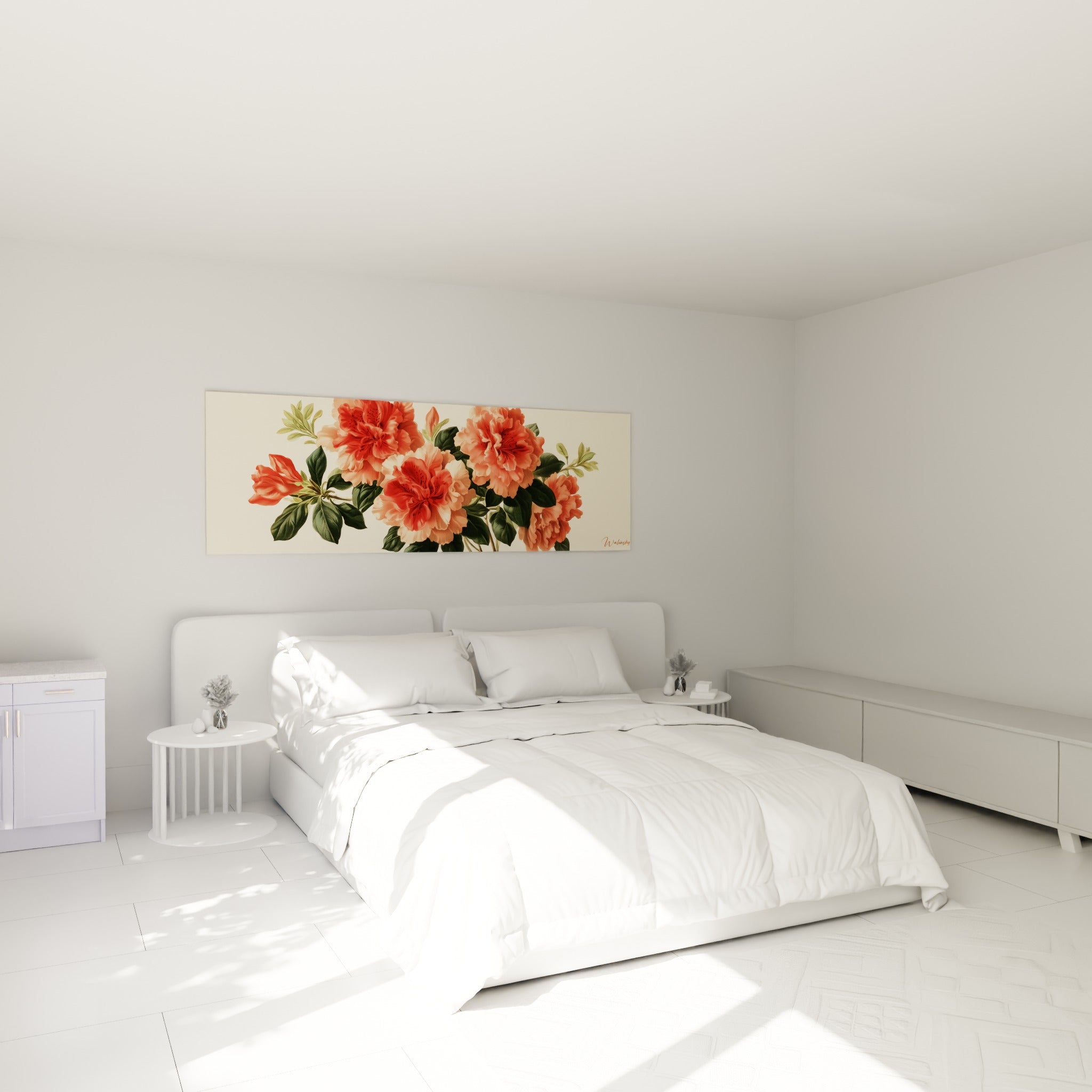 Bouquet d'azalées corail et rose pâle accroché au-dessus d'un lit dans une chambre claire