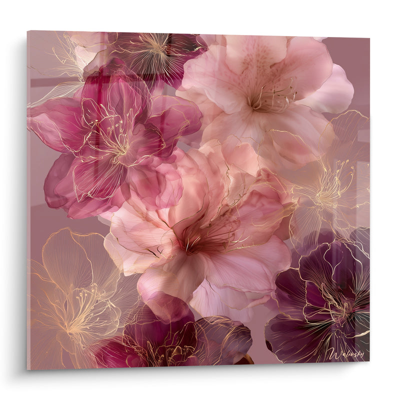 Tableau Fleurs rose et magenta aux contours esquissés - Motif floral superposé - Edition Azalée