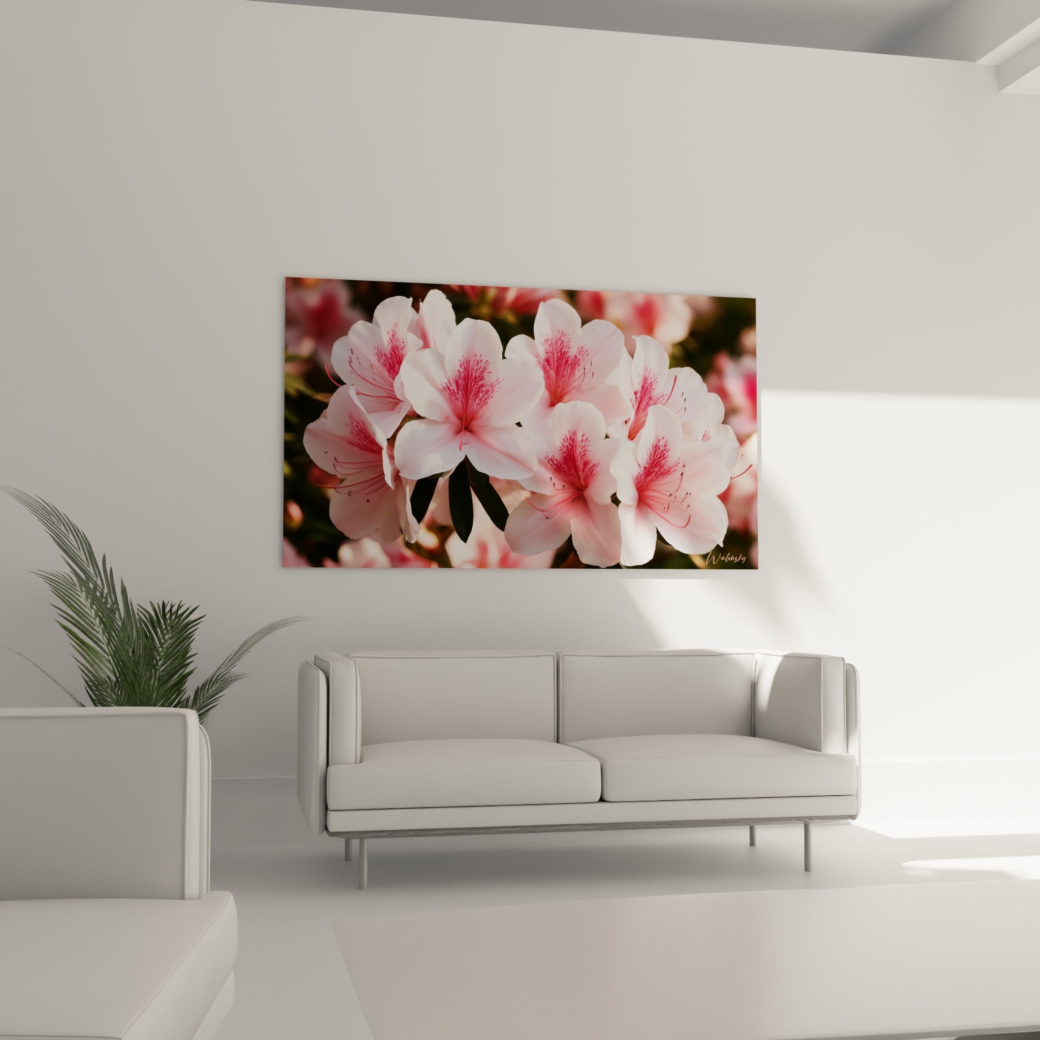 Bouquet d'azalées roses et blanches, fleurs superposées, au-dessus d'un canapé dans un salon lumineux