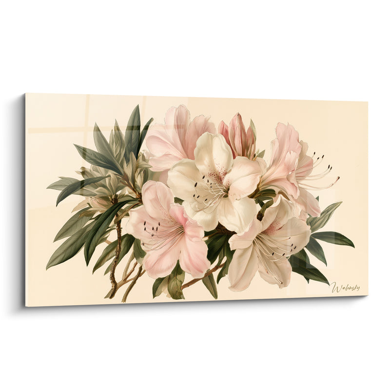 Tableau Fleurs blanches et roses aux feuilles vert olive - Bouquet sur branche noueuse - Edition Azalée
