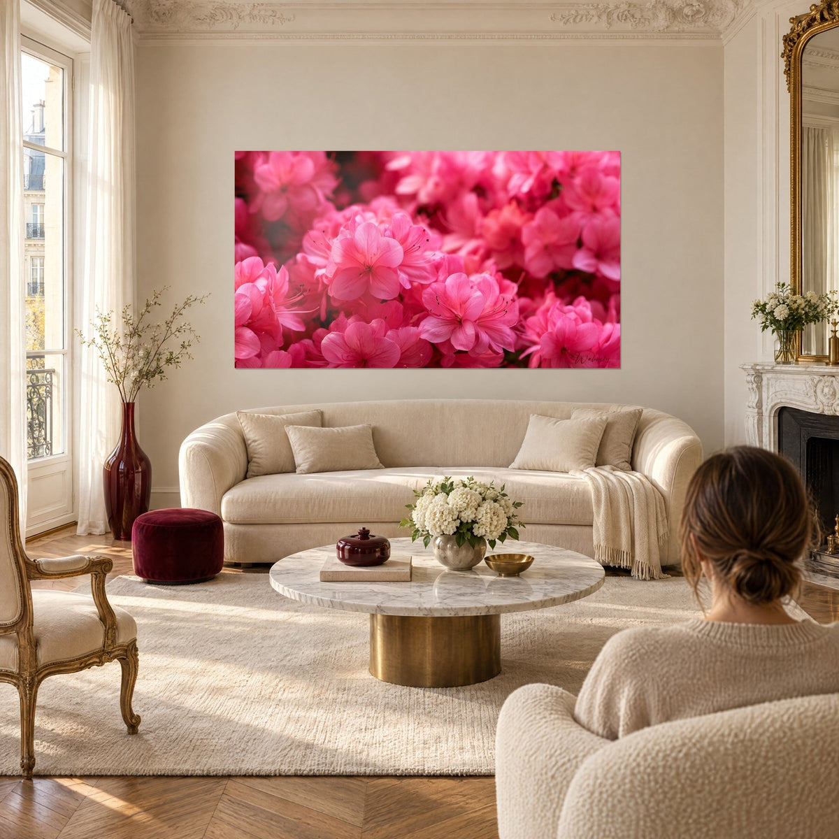 Tableau azalées en pleine floraison, pétales rose vif et fuchsia, étamines fines, au-dessus d'un canapé dans un salon lumineux