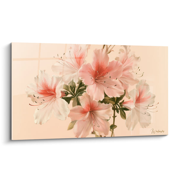 Cuadro Flores blancas y rosas sobre fondo melocotón - Vitraje cuadriculado en transparencia - Edición Azalea