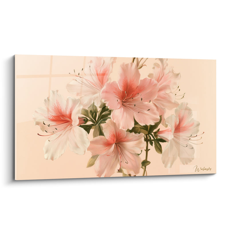 Tableau Fleurs blanches et roses sur fond pêche - Vitrage quadrillé en transparence - Edition Azalée