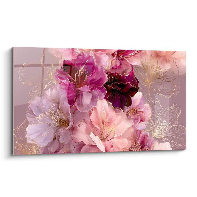 Tableau Fleurs magenta et bordeaux aux contours esquissés dorés - Bouquet dense compact - Edition Azalée