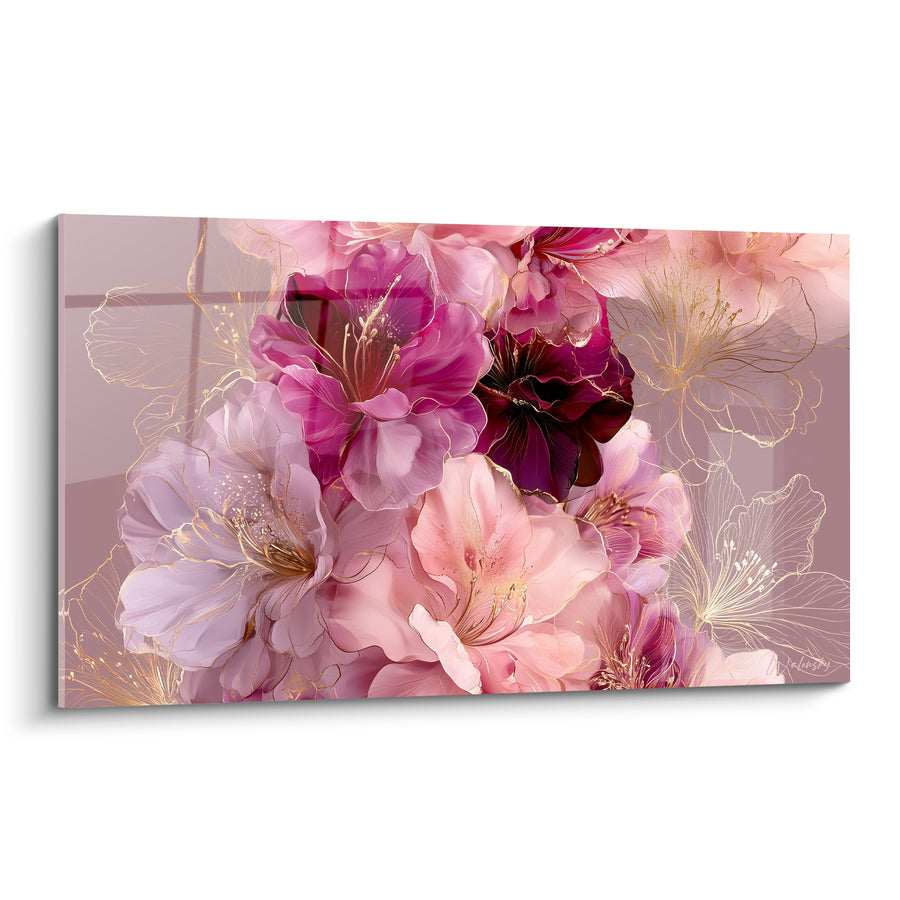Tableau Fleurs magenta et bordeaux aux contours esquissés dorés - Bouquet dense compact - Edition Azalée