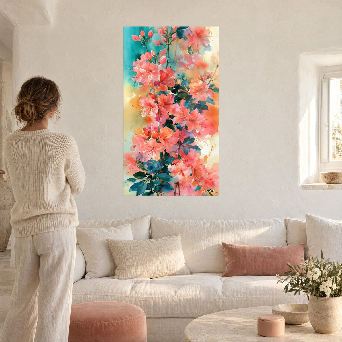Wall art coral azaleas in watercolor on a turquoise and ochre background, woman seen from behind, above a sofa in a bright living room