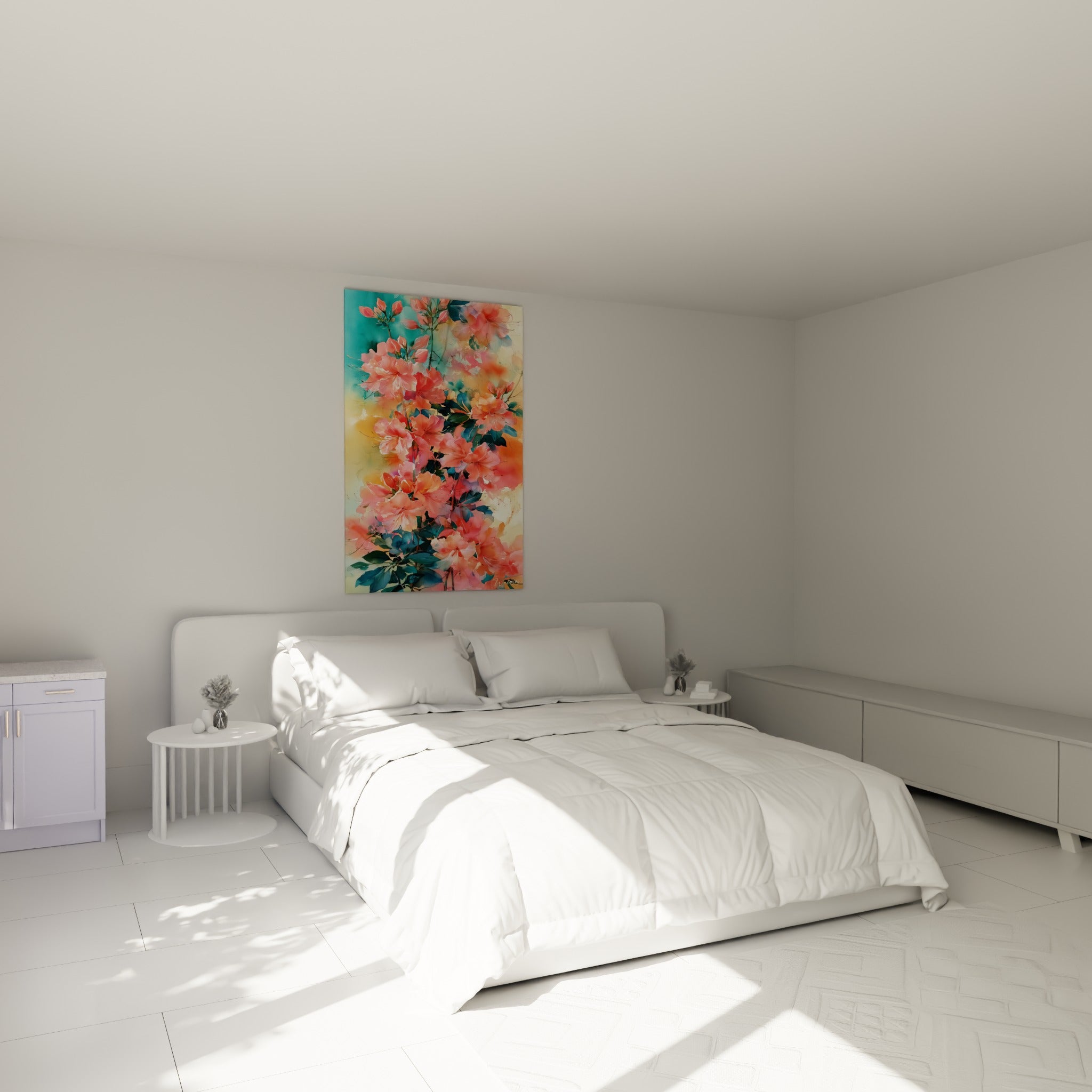 Bouquet d'azalées corail et pétales saumon accroché au-dessus d'un lit dans une chambre claire