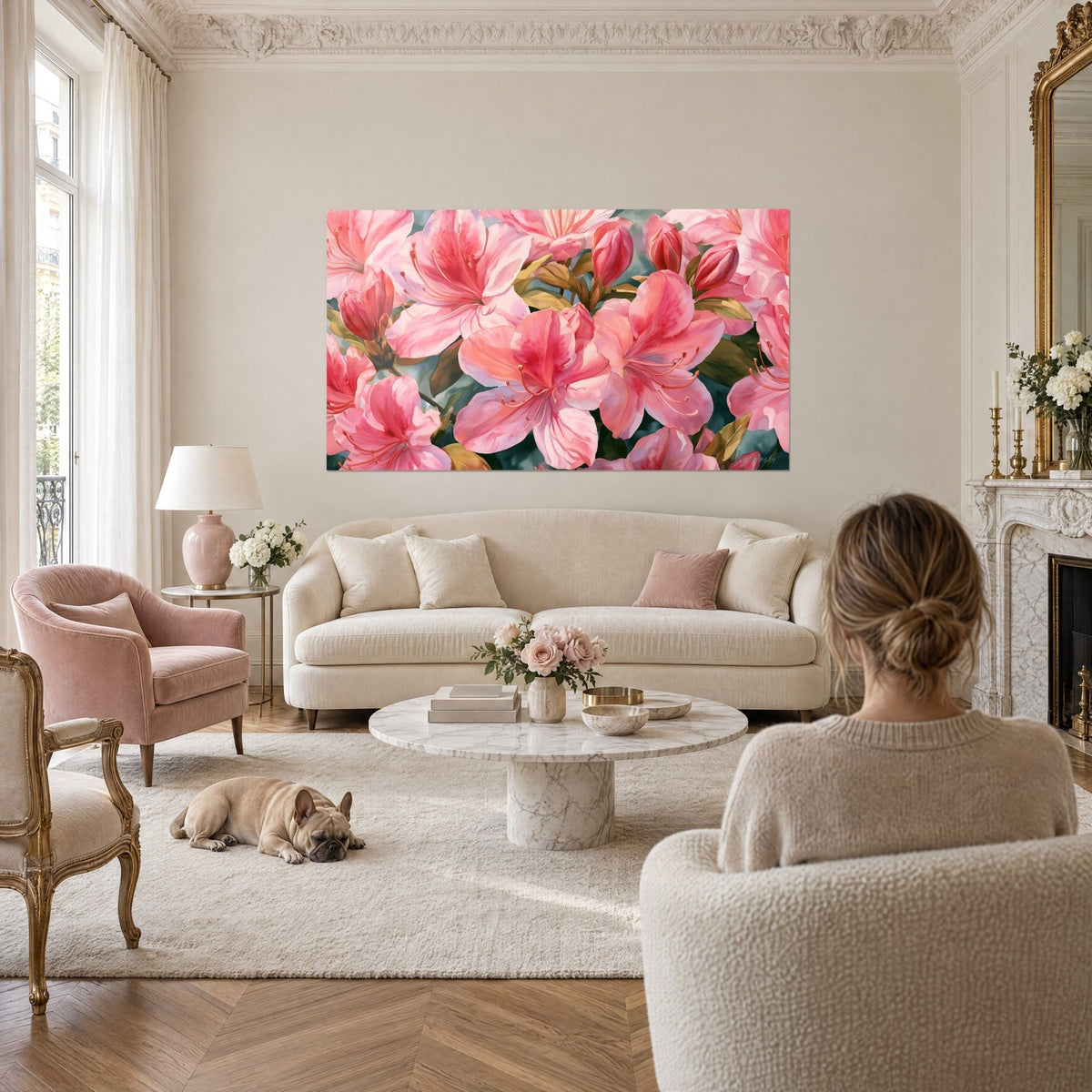 Tableau azalées roses aux étamines corail et feuilles vert olive, panoramique, au-dessus d'un canapé dans un salon lumineux