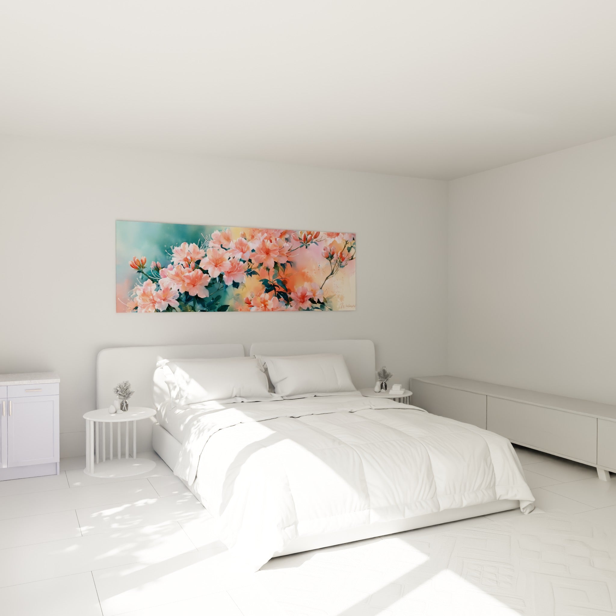 Grappes d'azalées corail et roses peintes à l'aquarelle, au-dessus d'un lit dans une chambre claire