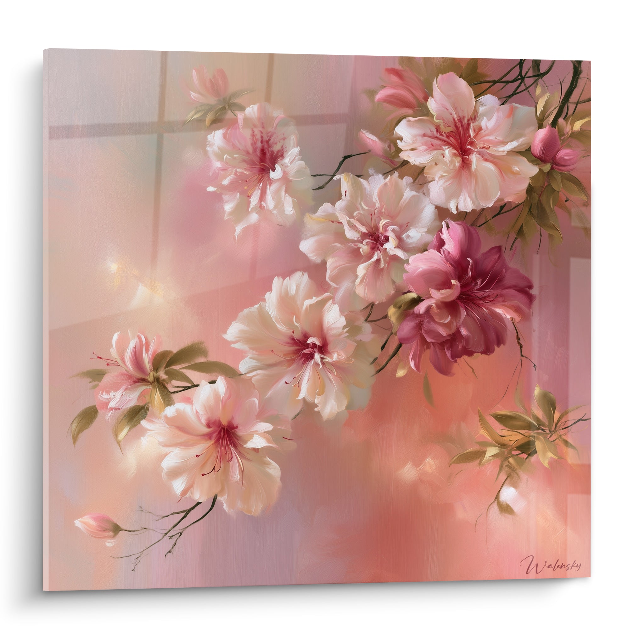 Branche d'azalées blanches et roses aux cœurs pourpres, sur fond dégradé ocre et rosé lumineux