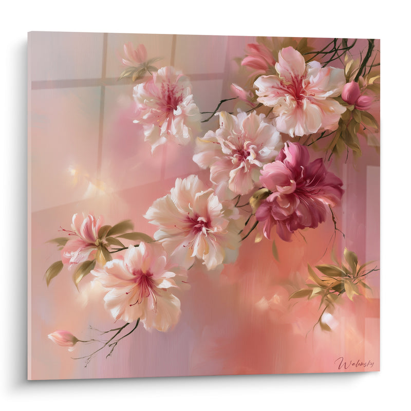 Tableau Fleurs blanches et pourpres sur branche noueuse - Reflet vitré rosé - Edition Azalée
