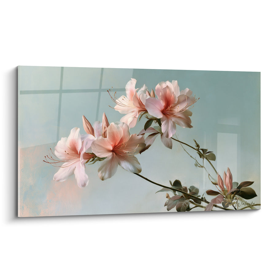 Tableau Fleurs roses et blanches sur fond bleu givré - Branche courbée élancée - Edition Azalée