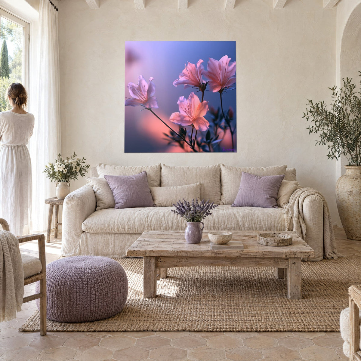 Tableau azalées rose pâle aux pétales translucides sur fond bleu-violet, femme de dos, au-dessus d'un canapé dans un salon lumineux
