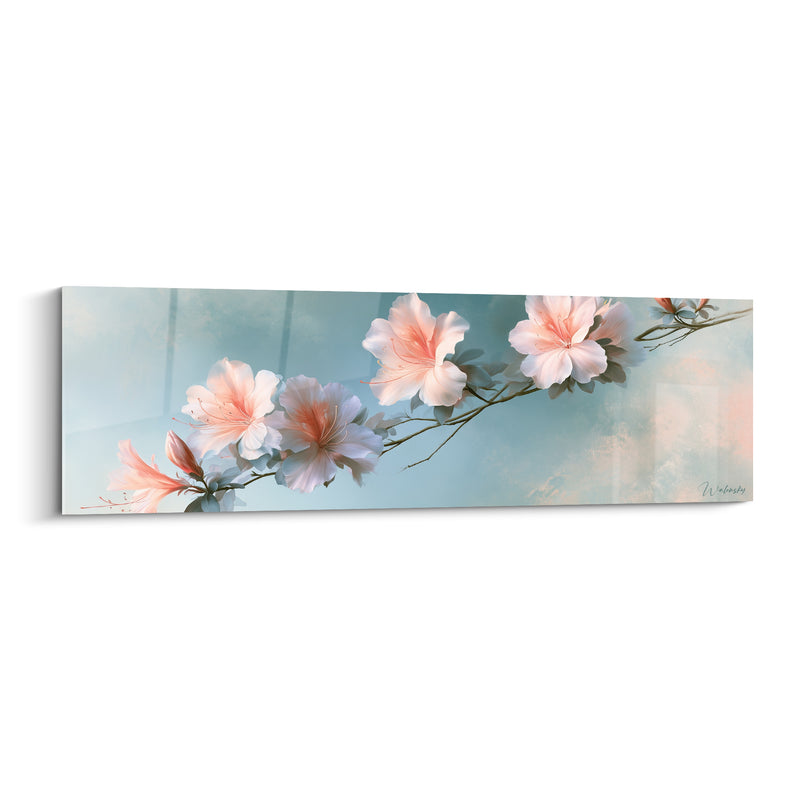 Tableau Fleurs blanches et pêche sur fond bleu ciel - Branche horizontale allongée - Edition Azalée