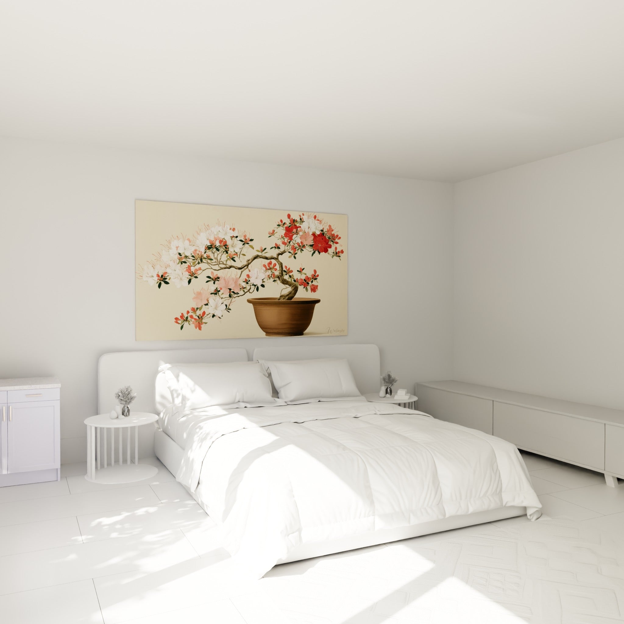 Branches fleuries d'azalée rouge et blanche au-dessus d'un lit dans une chambre claire