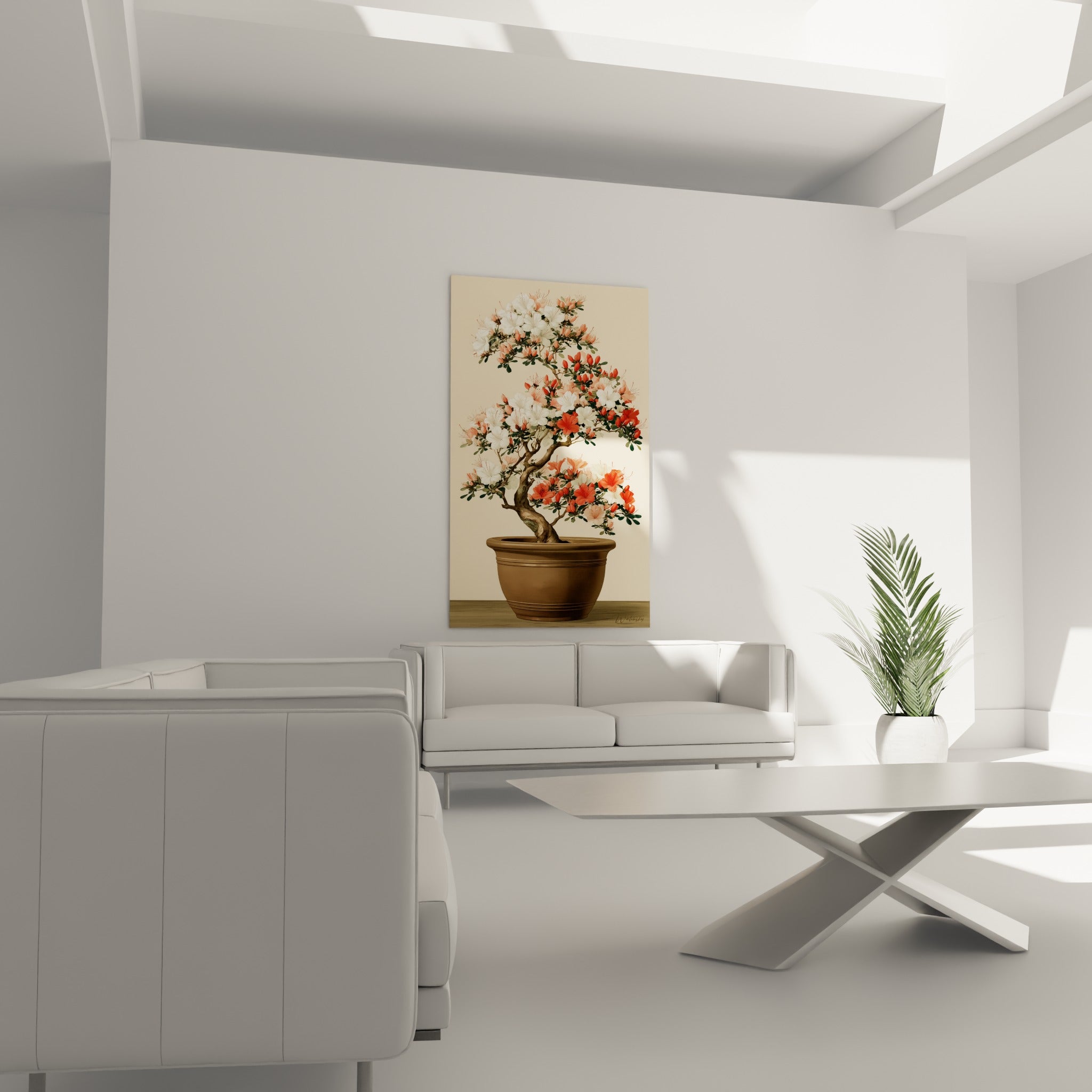 Bouquet dense de fleurs blanches et corail d'un bonsaï azalée au-dessus d'un canapé dans un salon lumineux
