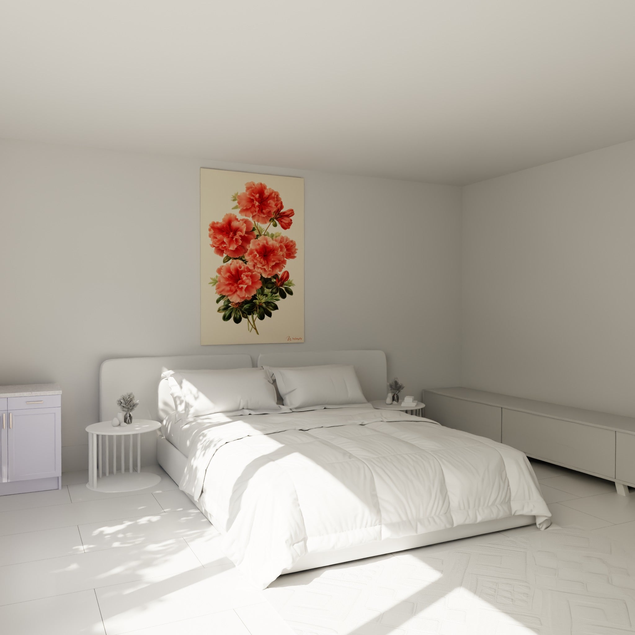 Bouquet d'azalée corail et rouge accroché au-dessus d'un lit dans une chambre claire