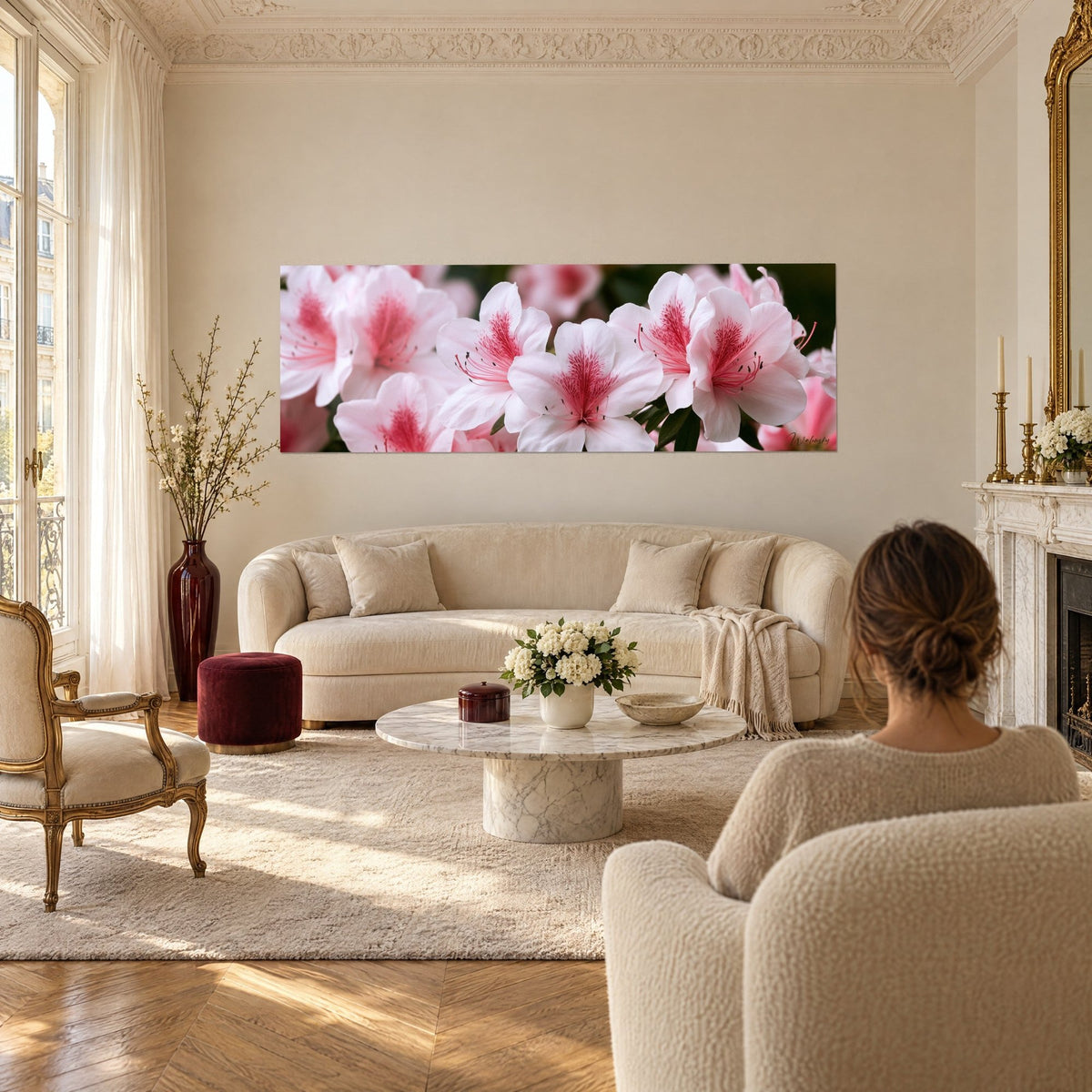 Cuadro de azaleas blancas con corazones carmesí, hilera de corolas con luz suave, encima de un sofá en un salón luminoso