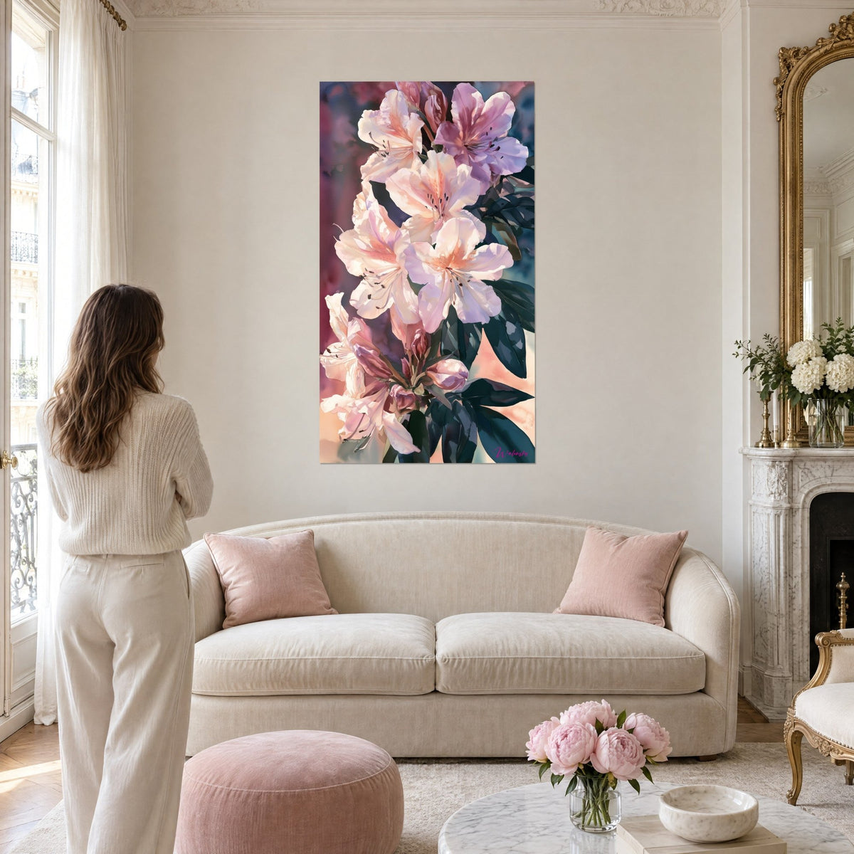 Quadro azalee bianche e malva con cuori color pesca, fogliame verde scuro, donna di spalle sopra un divano in un soggiorno luminoso